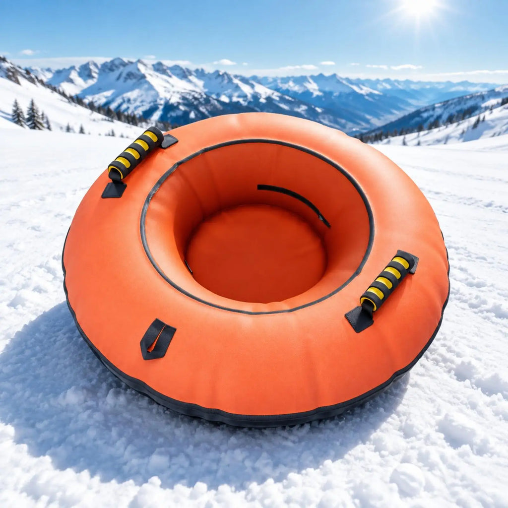 Trineo Inflable Redondo para Tubing de Nieve con Diseño Plegable de PVC, Asiento Central Cómodo y Asas de Transporte para Exteriores en Invierno