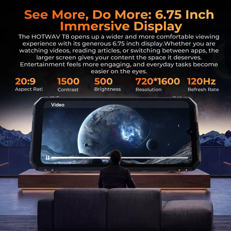 Smartphone HOTWAV T8 6.75'' 120Hz IP68 & IP69K con luz de acampada, cámara trasera de 20MP, NFC, procesador Octa-core, batería de 6200mAh, carga rápida de 20W, 4GB de RAM, 64GB de ROM, IA y Android 16