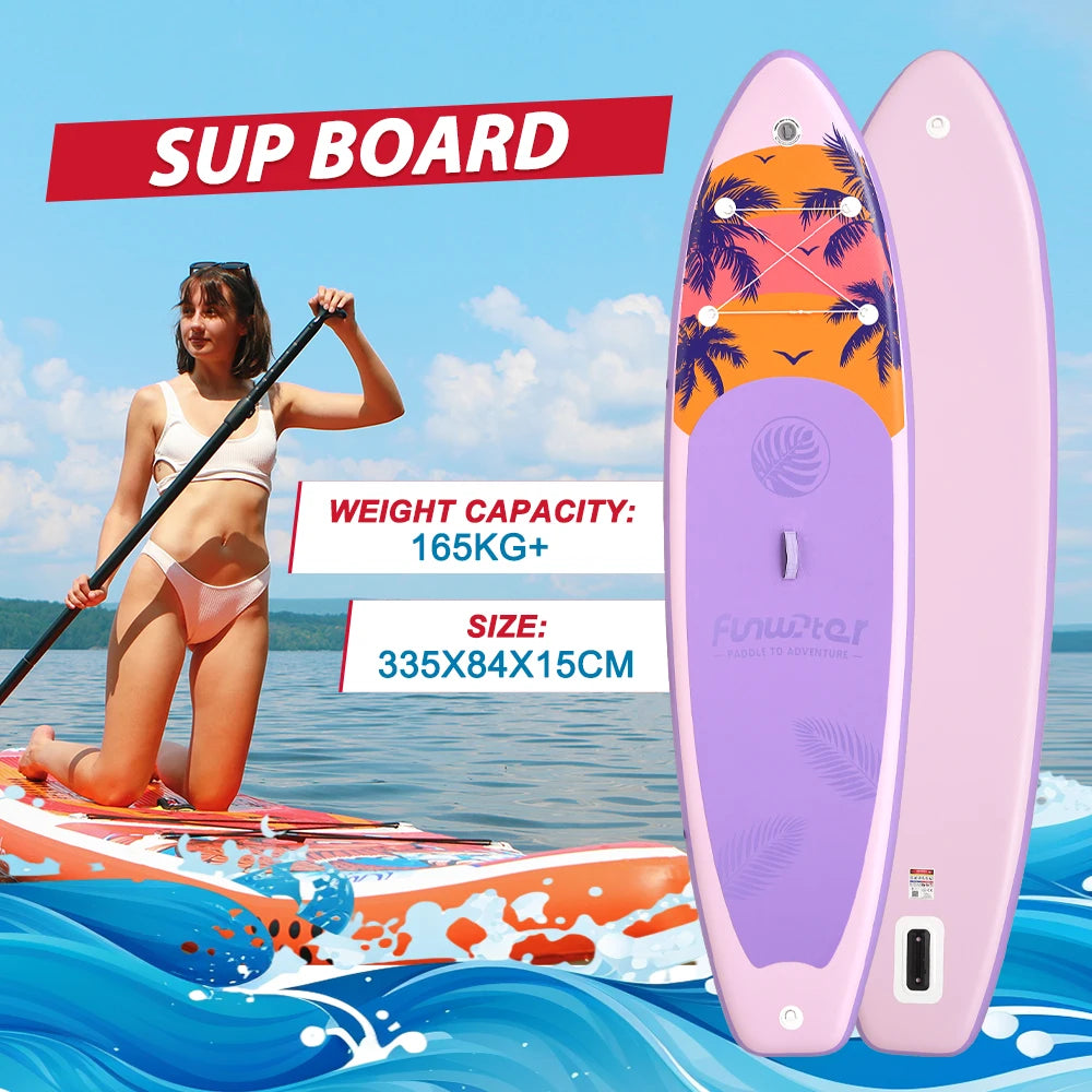 SUP hinchable Funwater SUPFW55C, 335x84x15 cm, 165 kg+, tabla de paddle surf rosa y lila con palmeras tropicales para yoga, escapadas a la playa, rutas en lagos y pesca tranquila, accesorios incluidos