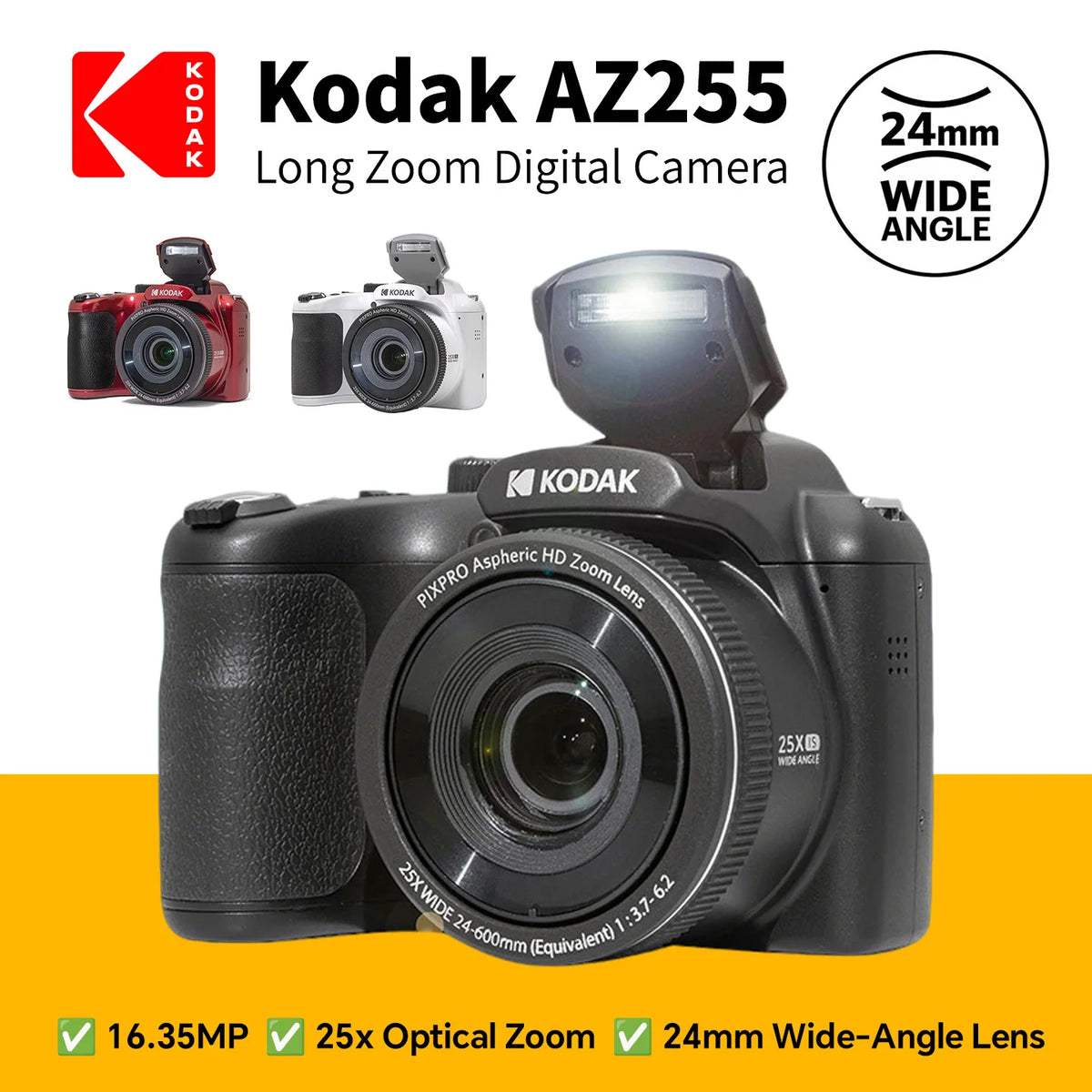 Cámara Digital de 16MP KODAK PIXPRO AZ255 con Pantalla LCD de 3 Pulgadas, Video FHD de 1080P, Cámara Profesional para Vlogs, Zoom Óptico de 25X, Gran Angular de 24mm, OIS