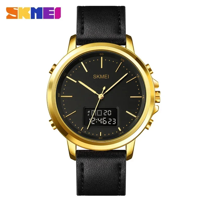 SKMEI 1652 Reloj impermeable con correa de cuero para hombre, reloj de pulsera digital, cronógrafo, alarma, pantalla dual, informal