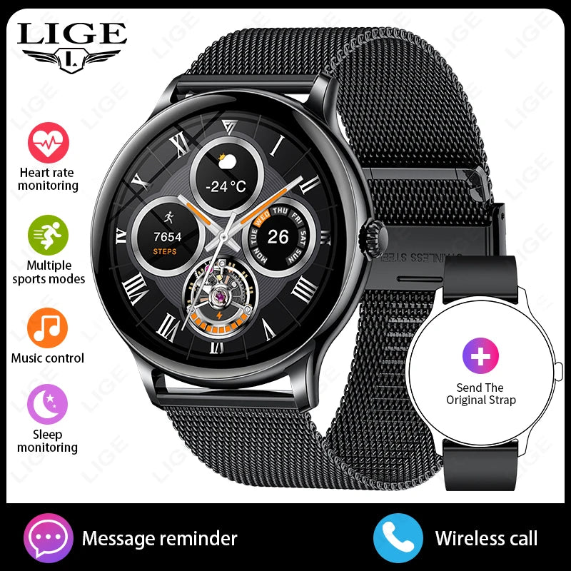 Reloj inteligente LIGE de acero de lujo para hombre, pantalla táctil completa, llamadas Bluetooth, monitor de frecuencia cardíaca y sueño, voz por IA, resistente al agua IP68.
