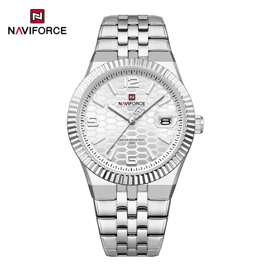 Reloj NAVIFORCE para hombre, de negocios, con esfera redonda, acero inoxidable, textura de panal, fecha, manecillas luminosas, cuarzo resistente al agua