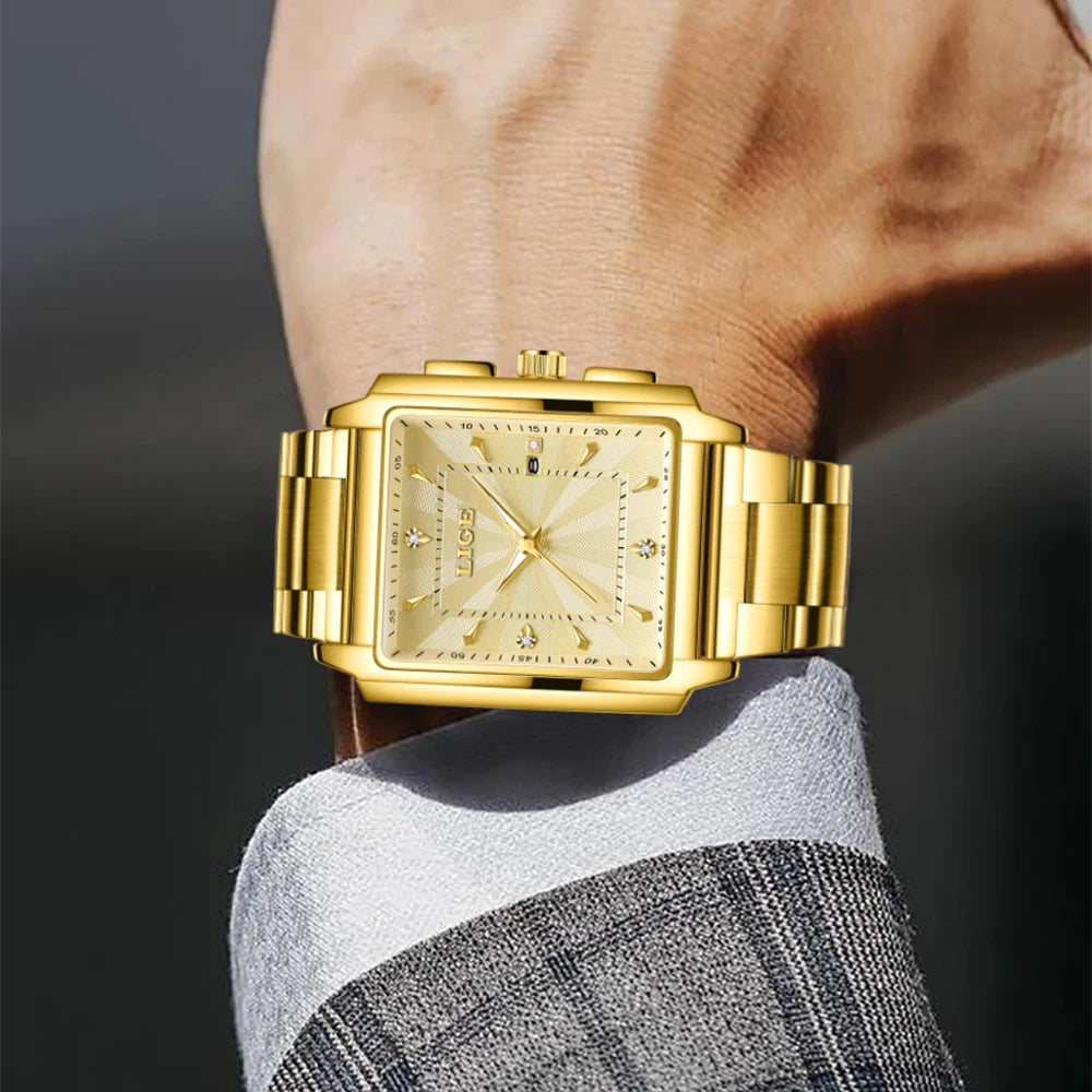 Reloj de pulsera LIGE de lujo para hombre, resistente al agua, luminoso, con fecha, de acero inoxidable, reloj cuadrado deportivo para hombre, reloj de cuarzo casual