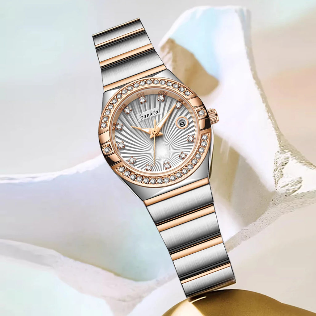 Reloj de mujer Sunkta LIGE de moda, lujo, elegante, retro, con diamantes, sencillo, de acero inoxidable, resistente al agua, casual, con calendario, de cuarzo para mujer