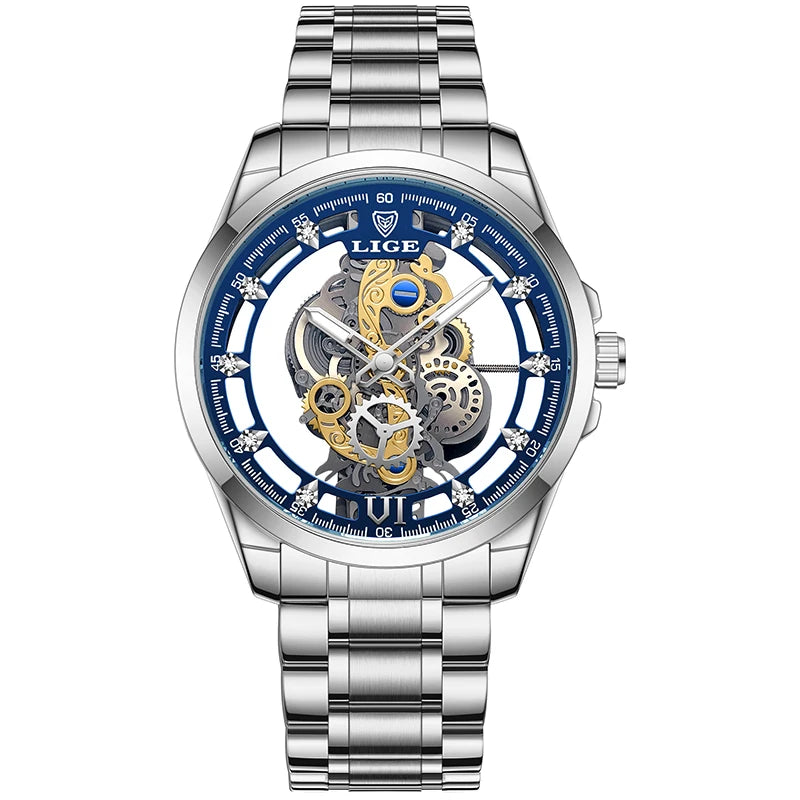 Reloj automático de cuarzo LIGE para hombre, reloj esqueleto dorado, reloj vintage para hombre, relojes de hombre de marca de lujo