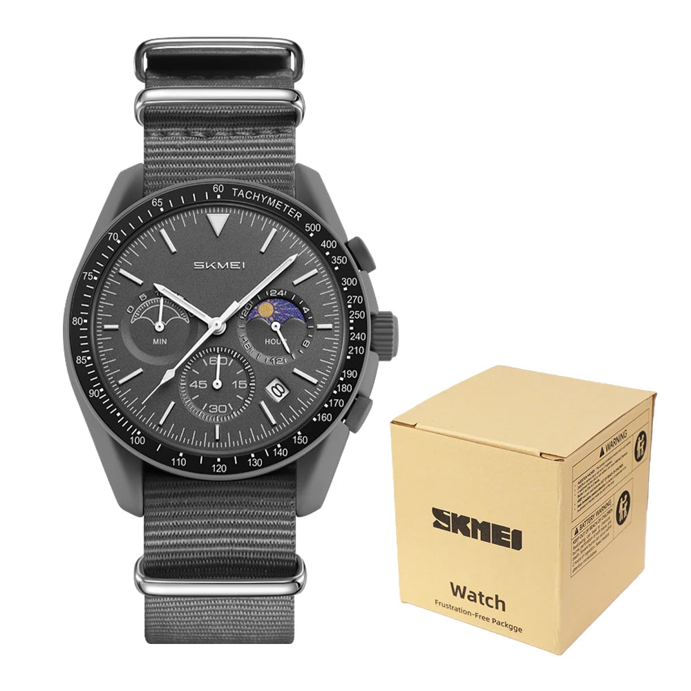 Reloj de cuarzo para hombre SKMEI 9392, resistente al agua 30M, reloj juvenil de moda para hombre, subesferas con diseño de sol y luna, correa de nailon, temporizador de cuenta regresiva