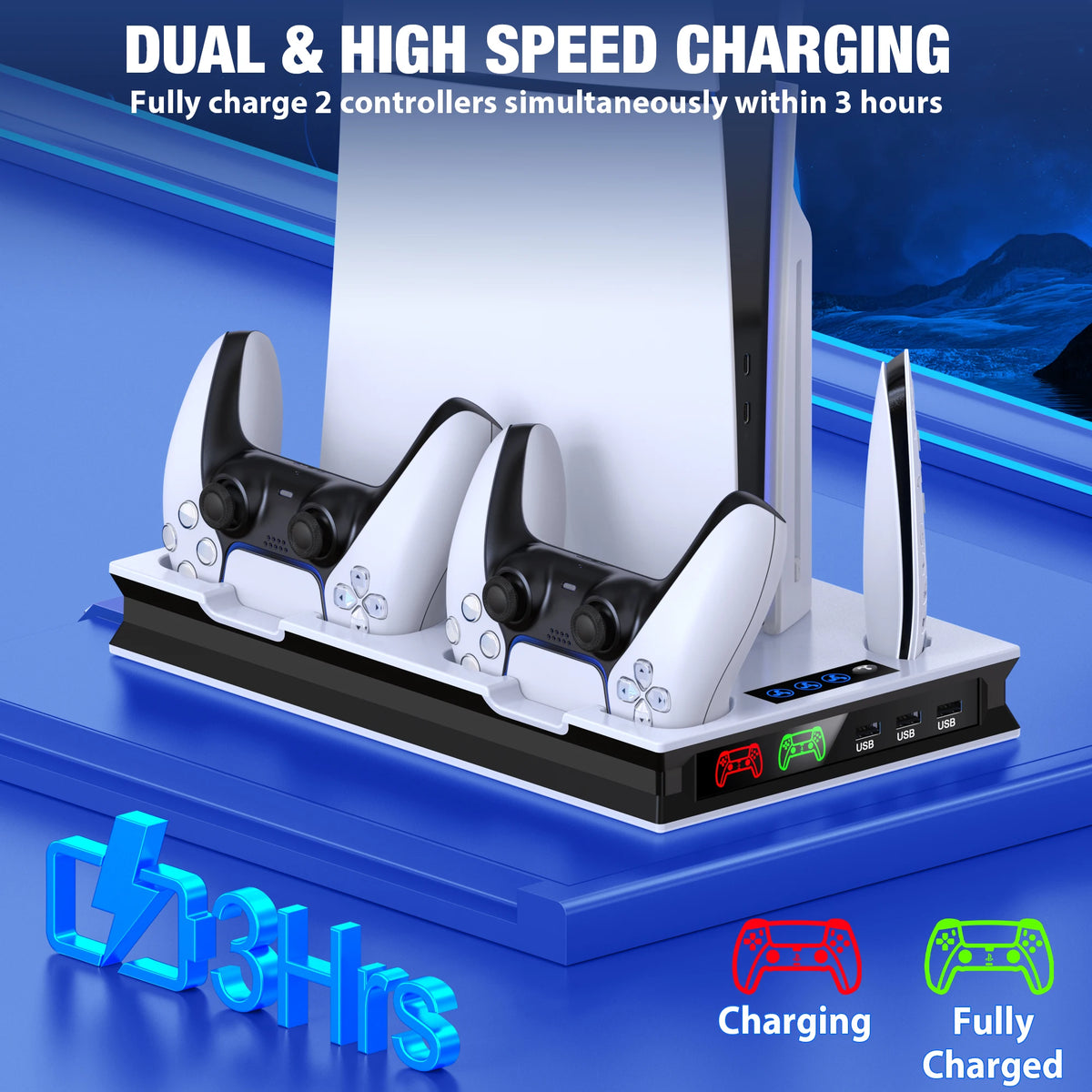 DinoFire S5000 3 Speed Cooling Fan3 Port USB Hub, Headset Holder, and Game Storage, Compatible with PS5 Disc & Digital Consoles