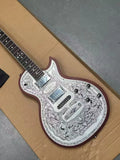 Guitarra eléctrica de duraluminio tallada a mano con grabado floral en espiral, ribete rojo marrón, humbuckers HH, puente fijo y mástil de palisandro especial I