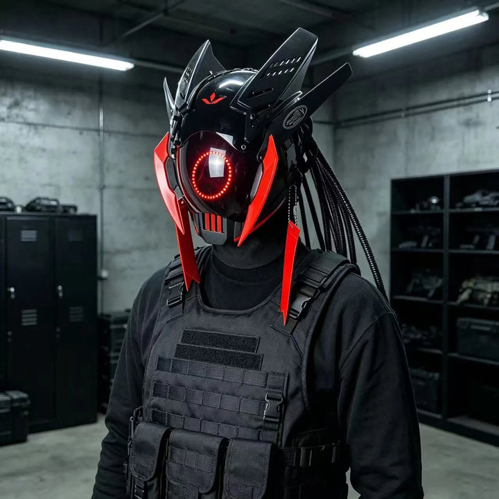 Cyberpunk máscara futurista Techwear, decoración de casco de Cosplay de Halloween con trenza ligera y sucia, Caballero de estilo guerrero japonés Sty
