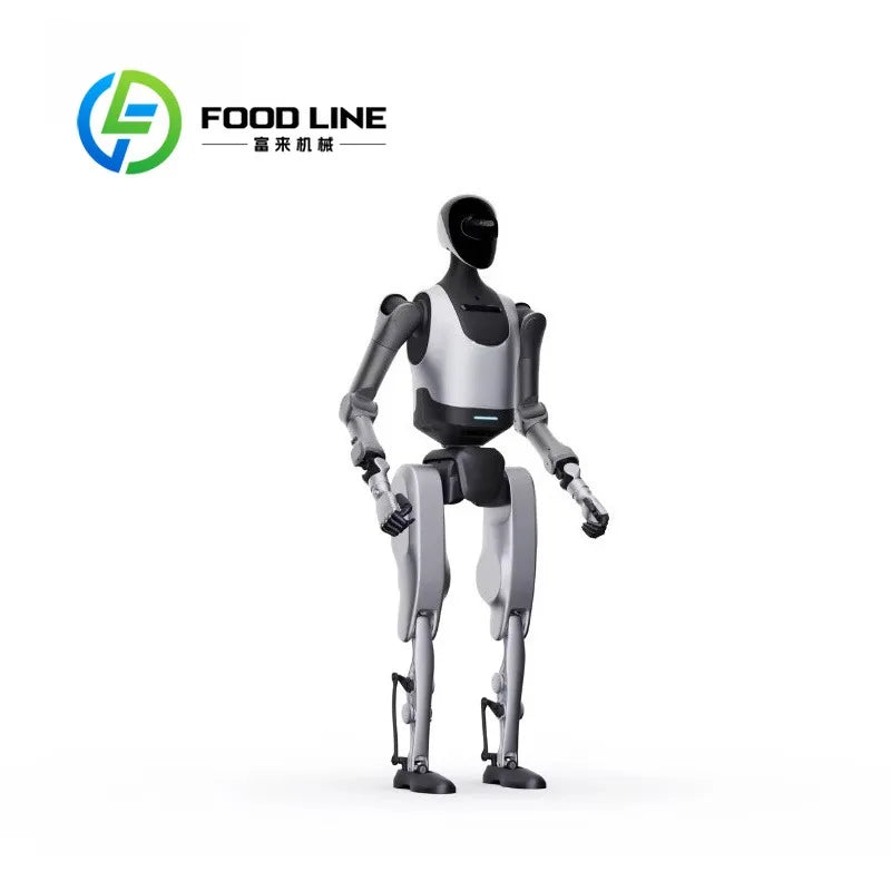 Robot humanoide bípeda en vista frontal, brazos y piernas articuladas, color blanco y negro
