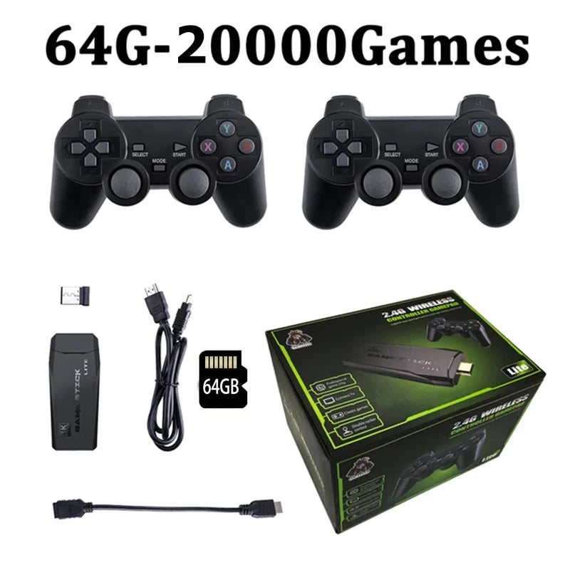 Consola retro negra Game Stick Lite con dos mandos, cables y memoria 64GB