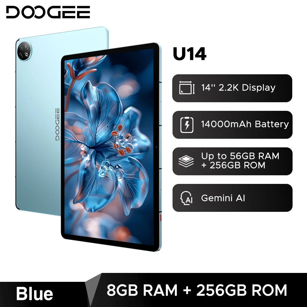 Tableta inteligente Doogee U14, Android, pantalla de 14 pulgadas y resolución 2.2K, 56 GB (8+48), 256 GB, batería de 14000 mAh, Wi-Fi 6, compatibilidad con Gemini AI y Widevine L1.