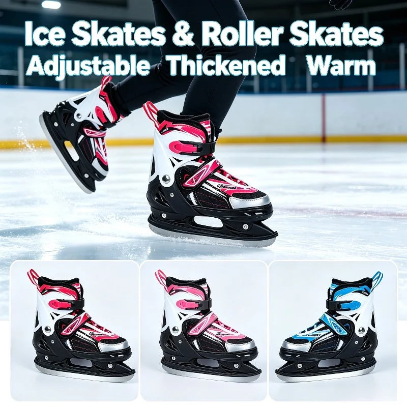 Patines de hielo y patines de ruedas para niños, ajustables, con forro térmico grueso y cálido, zapatos de patinaje sobre hielo suaves y cómodos para principiantes, 1 par