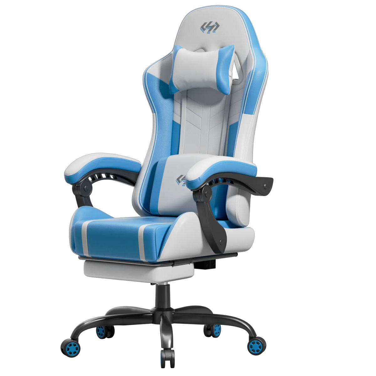 Silla de gaming ergonómica azul y blanca con reposacabezas y apoyabrazos acolchados