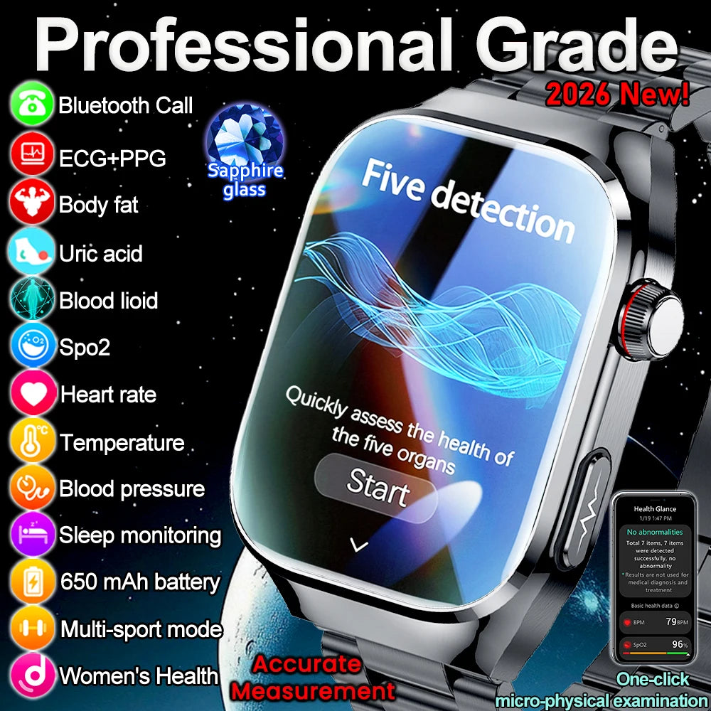 Reloj inteligente para hombre 2026, nuevo modelo con medición de ácido úrico y lípidos en sangre, ECG+PPG, presión arterial, frecuencia cardíaca, llamadas Bluetooth, reloj inteligente de salud