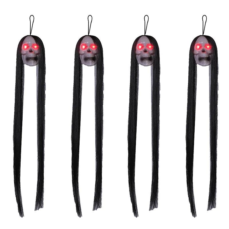 Accesorio de calavera fantasmagórica de Halloween con cabello largo, ojos brillantes, cabeza de esqueleto de terror para decoración de casa embrujada, fiesta y jardín al aire libre