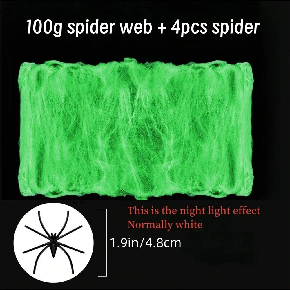 Telaraña brillante en la oscuridad para Halloween, decoraciones de Halloween, telarañas falsas elásticas para decoración espeluznante en interiores y exteriores.