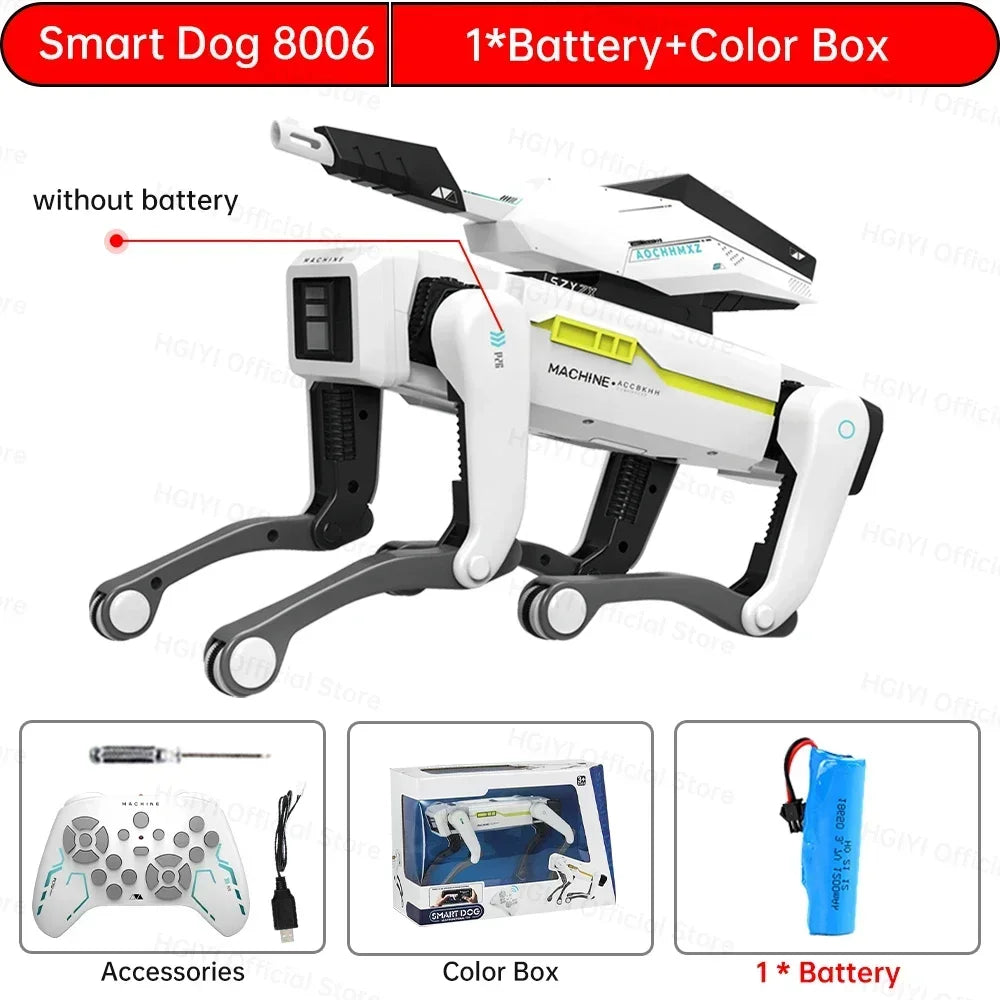 Perro robot blanco y negro con control remoto, panel con pantalla verde