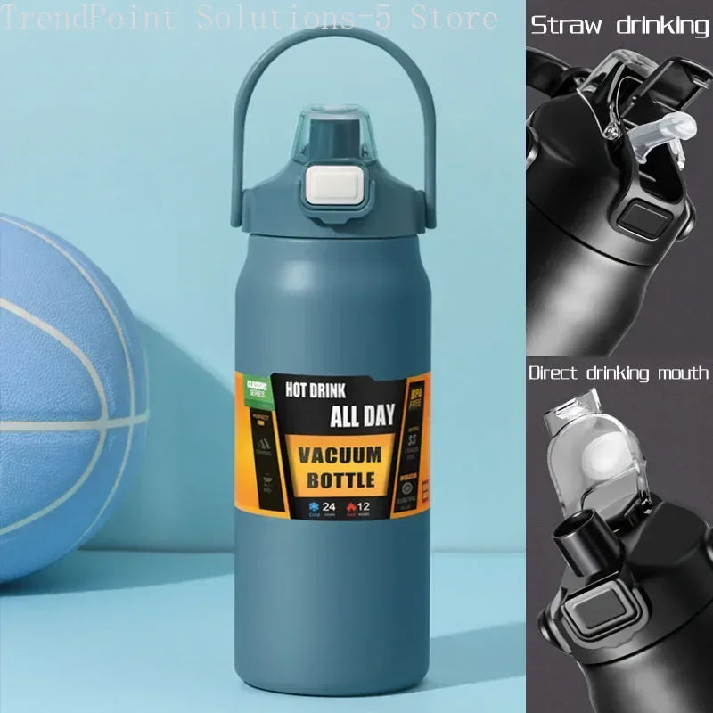 Botella térmica de acero inoxidable de gran capacidad, 1,2 litros, con aislamiento, doble tapa, pajita integrada, ideal para el gimnasio y para llevar agua.