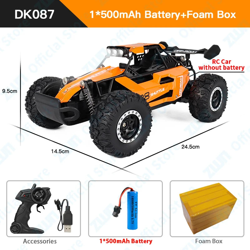 Vehículo RC 2WD naranja DK087 con ruedas grandes, accesorios y batería incluida