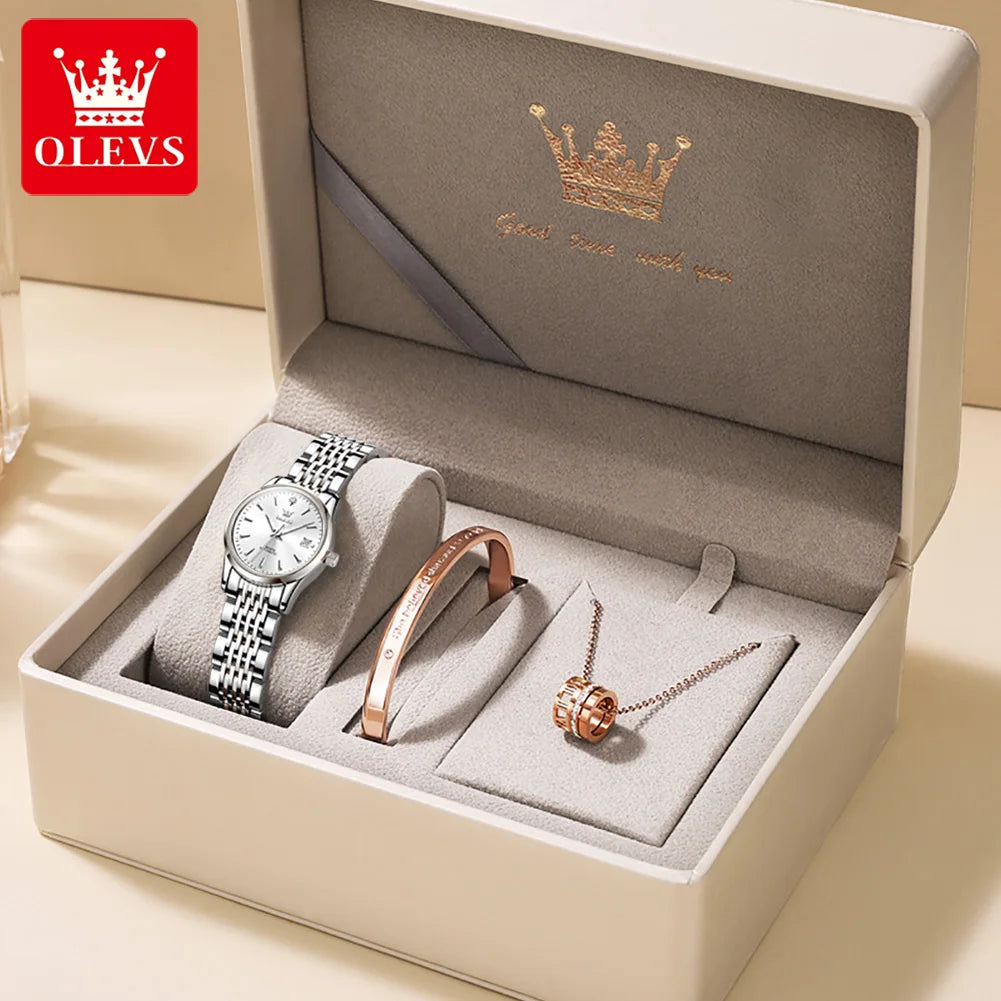Reloj mecánico para mujer OLEVS 6635, reloj de pulsera elegante de lujo sencillo, reloj automático con calendario y resistente al agua de acero inoxidable