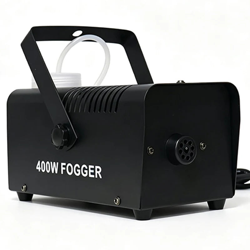 Máquina de humo para escenarios de 400 W, equipada con control por cable y mando a distancia inalámbrico, que crea efectos de niebla para diversas ocasiones escénicas.