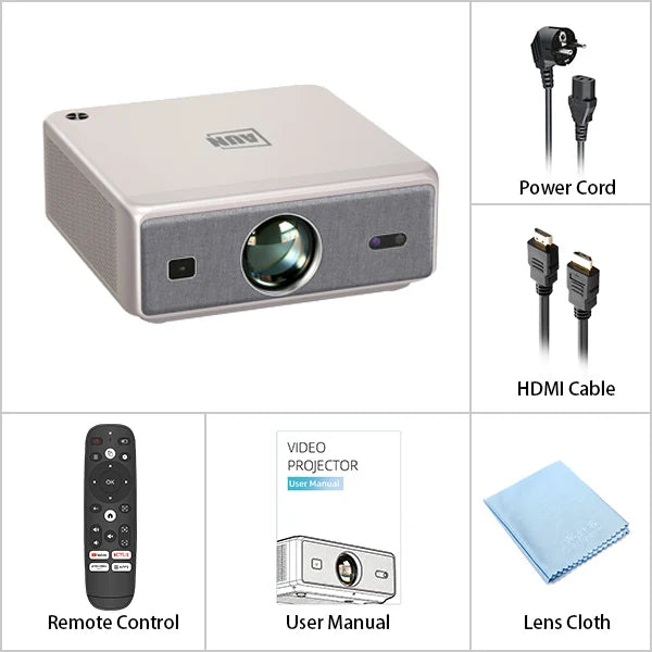 Set de proyector AUN U002 Pro: unidad gris y blanca, mando, cables, paño y manual