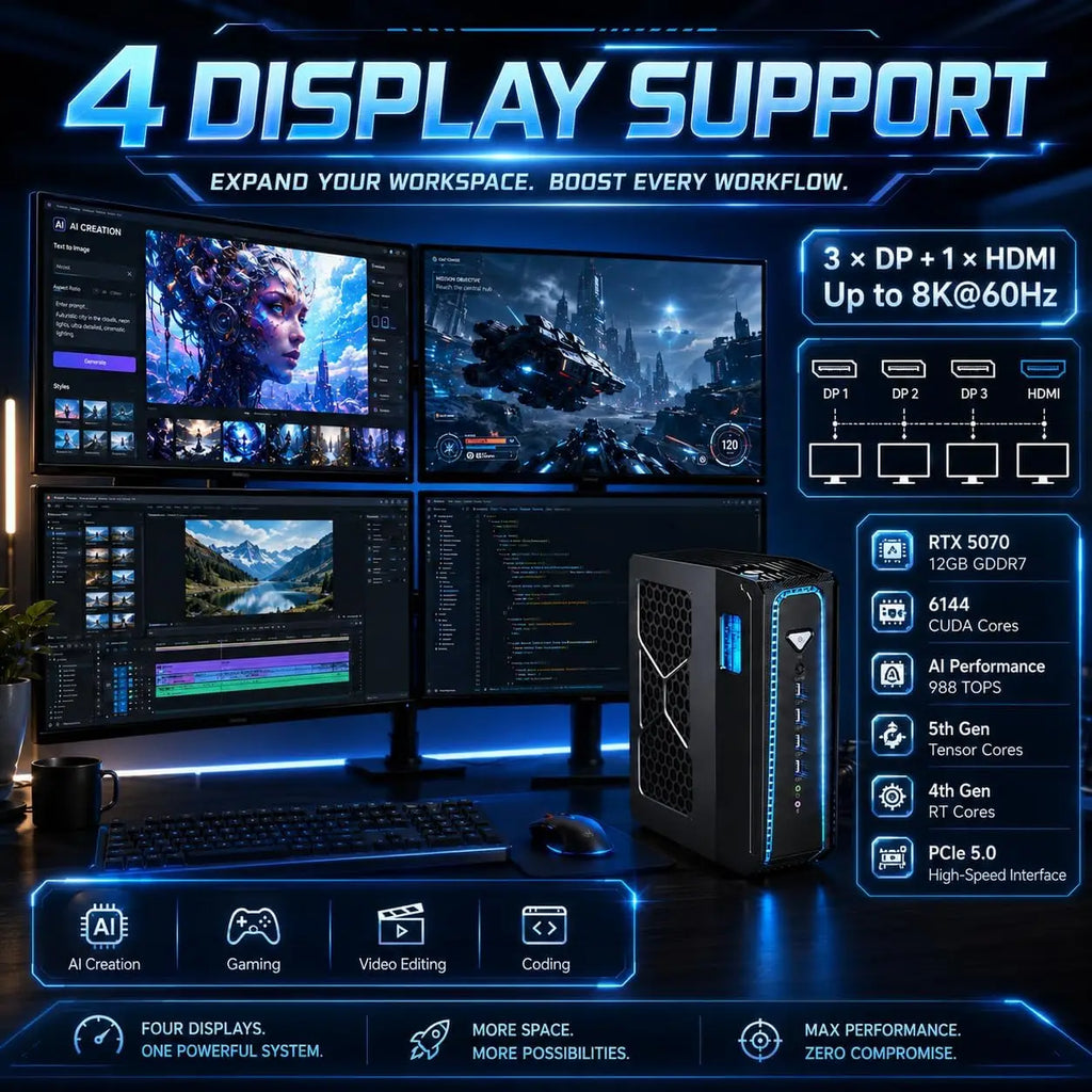 Mini PC Msecore con Refrigeración Líquida, Intel Core i9‑14900KF, GPU Dedicada RTX 5070, Windows 11, Computadora de Escritorio para Juegos, DDR5, NVMe SSD, WiFi6E, BT5.3