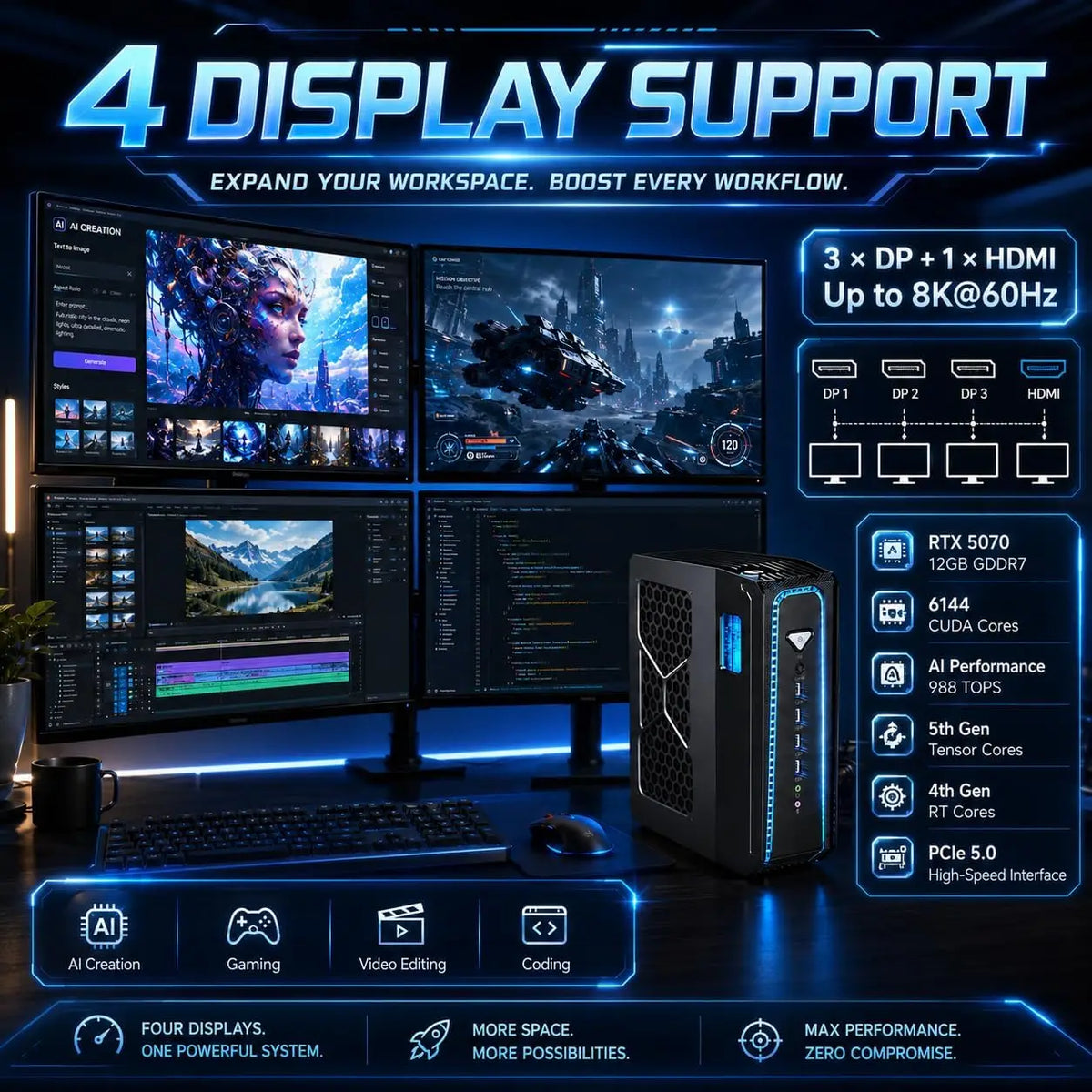 Mini PC Msecore con Refrigeración Líquida, Intel Core i9‑14900KF, GPU Dedicada RTX 5070, Windows 11, Computadora de Escritorio para Juegos, DDR5, NVMe SSD, WiFi6E, BT5.3