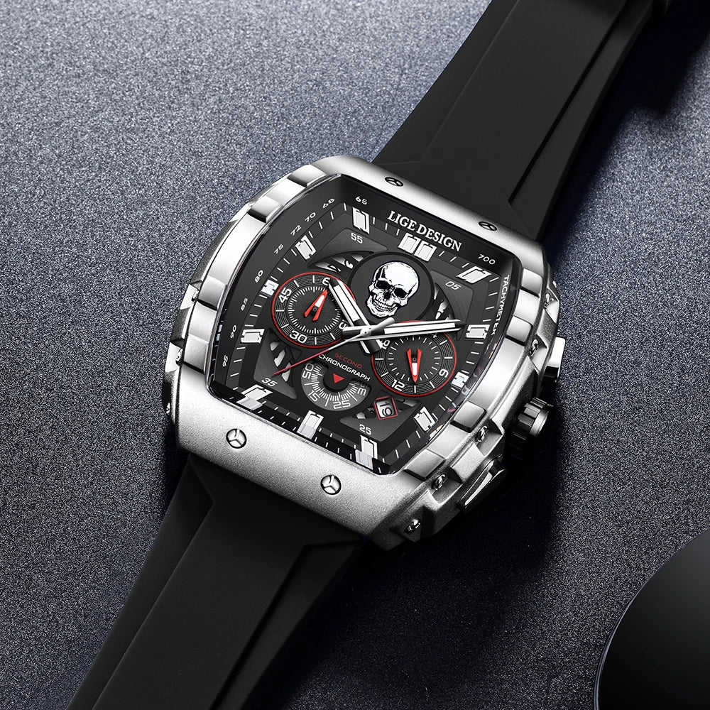 Reloj de hombre marca LIGE con esfera de calavera esqueleto, reloj deportivo militar para hombre, reloj de pulsera de cuarzo impermeable, casual, de moda y de lujo + caja