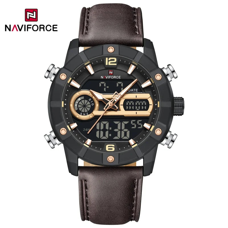 Reloj para hombre NAVIFORCE NF9263 con correa de cuero genuino, cronógrafo, alarma, pantalla luminosa resistente al agua, reloj para hombre con correa de cuero genuino