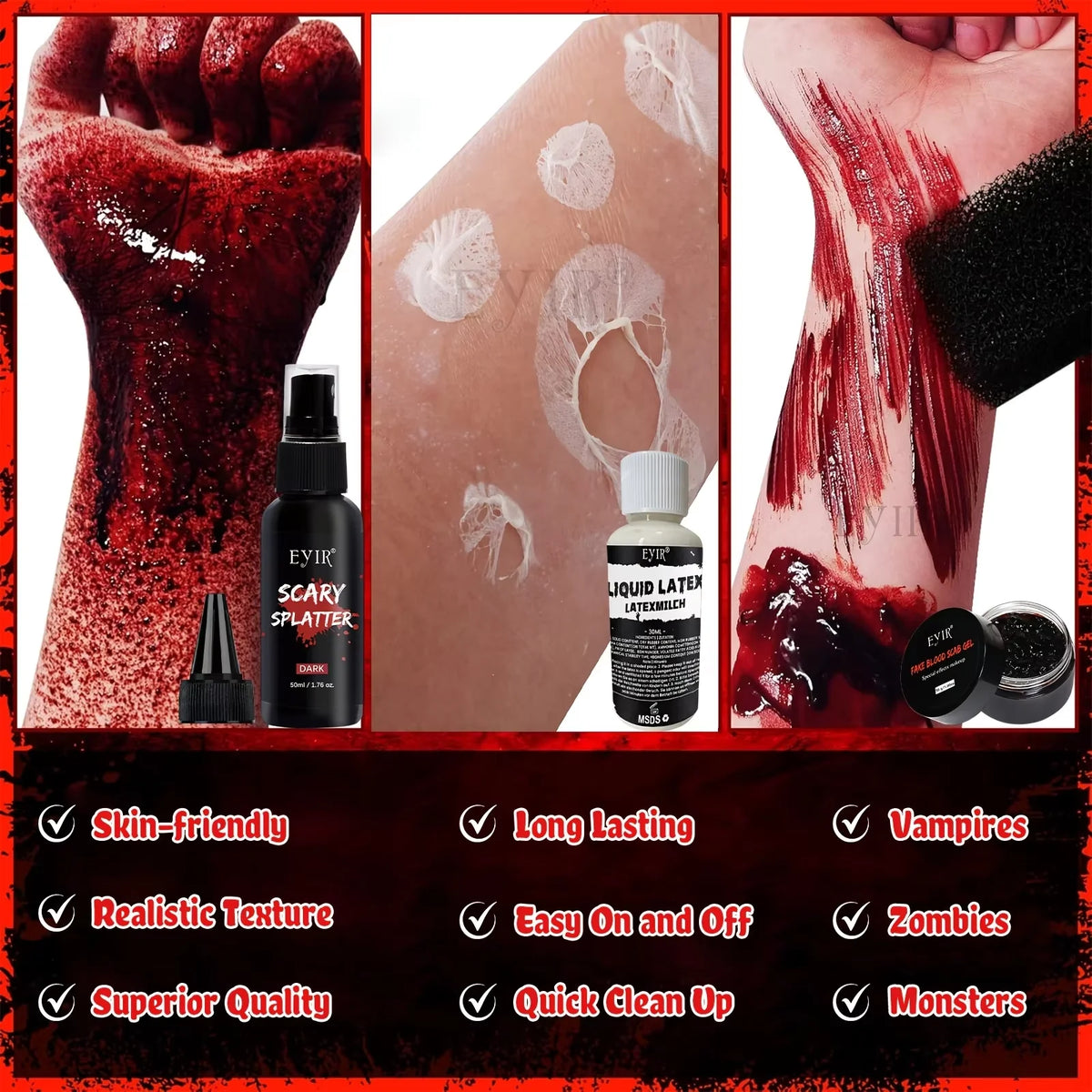EYIR Kit de Maquillaje SFX Especial Halloween con Spray de Sangre Falsa Gel de Costra Pegatinas de Heridas 3D Esponja para Cosplay Maquillaje de Terror