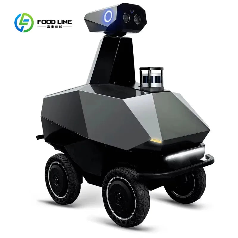 Robot patrulla autónomo FOOD LINE con torreta de sensores y ruedas todo terreno.