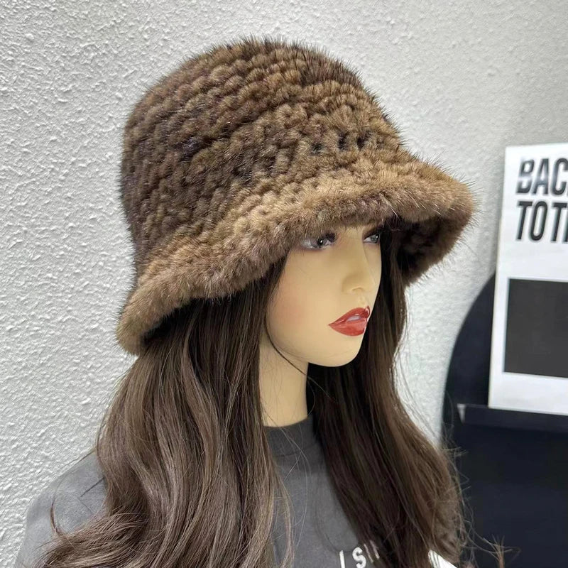 Sombrero de pescador de piel de visón Real para mujer, sombrero de bombardero de piel de visón Natural, sombrero de punto ajustable de lujo, Invierno