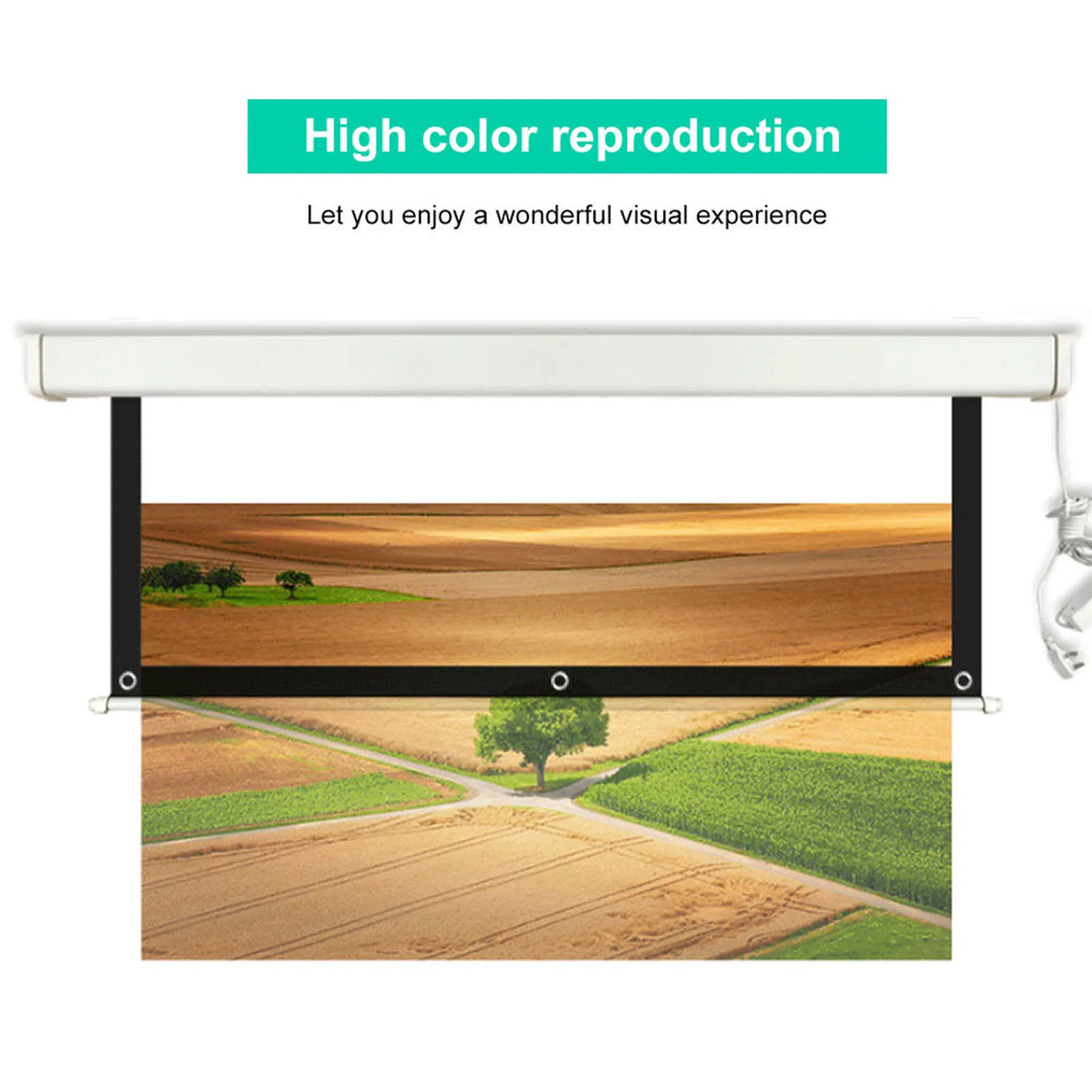 Pantalla de proyector con carcasa blanca y tela blanca con borde negro y ojetes