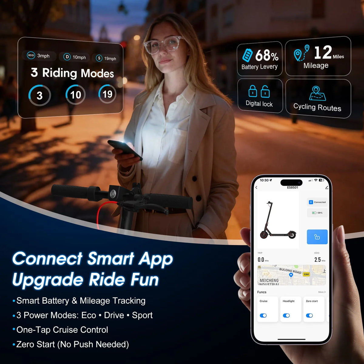 Patineta eléctrica con pantalla y app en el móvil, indicador de batería y distancia
