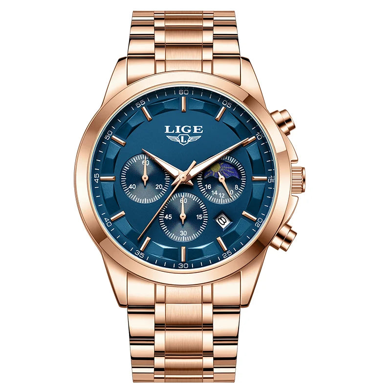 Reloj LIGE Original de Lujo de Cuarzo para Hombre, Luminoso, Resistente al Agua, con Fecha Automática y Cronógrafo + Caja