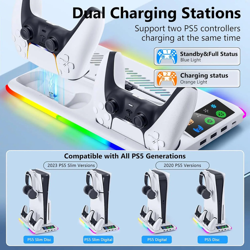 Base de refrigeración con estación de carga para mando LED para PS5/Slim/Pro, ventilador de refrigeración de 3 velocidades, accesorios para consola PlayStation 5
