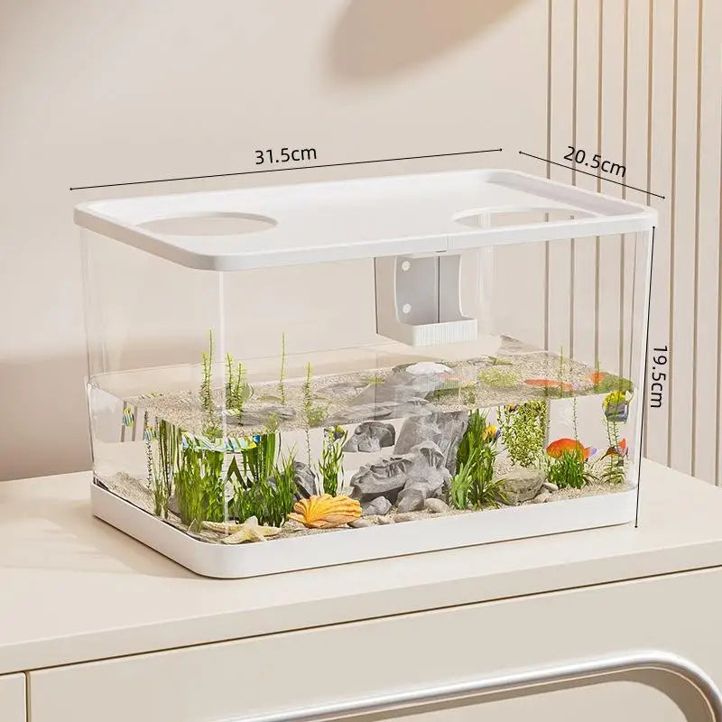 【E】Mini pecera de PET transparente, acuario hidropónico resistente a caídas con tapa, tanque ecológico de escritorio para el hogar, acuario fácil de mantener para tortugas