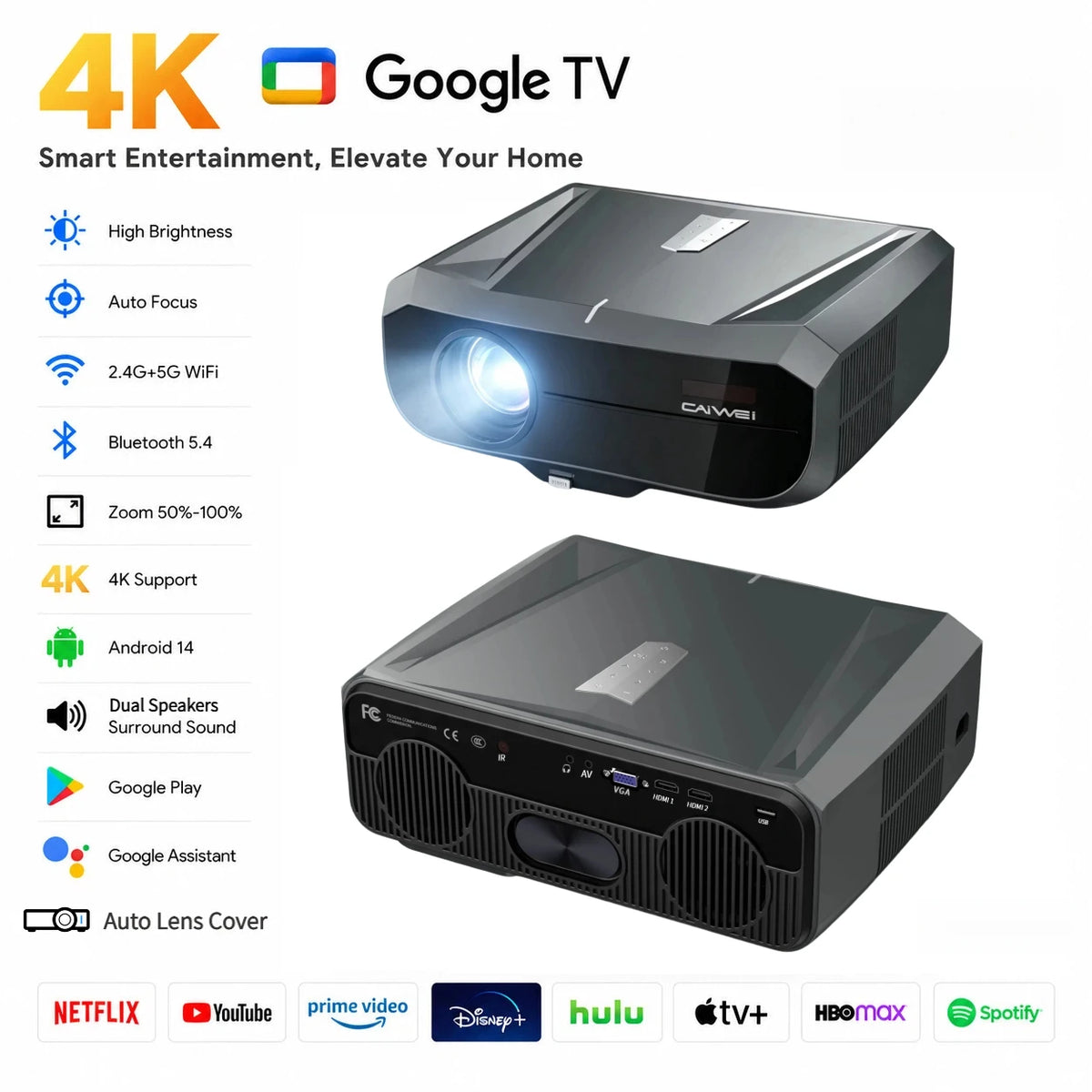Proyector 4K 900D 4200ANSI con Resolución Nativa 1080P, Google TV, WiFi6, Enfoque Automático TOF, Proyector Inteligente para Cine en Casa, para Noches de Cine y Juegos 2026