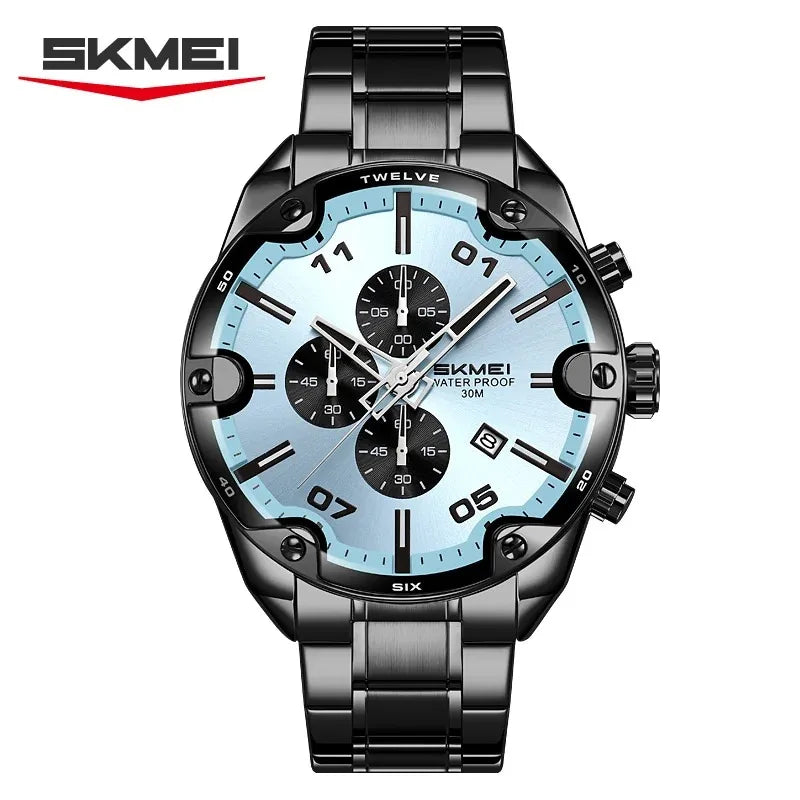 Reloj de lujo para hombre SKMEI 9387, reloj de pulsera de negocios, reloj de cuarzo casual a la moda, cronógrafo de acero inoxidable resistente al agua con fecha