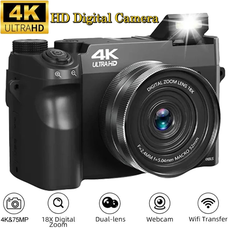 Videocámara Digital 4K HD, cámaras duales, 75MP, Zoom 18X, pantalla de 3,0 pulgadas, enfoque automático AF, antivibración con linterna para fotografía