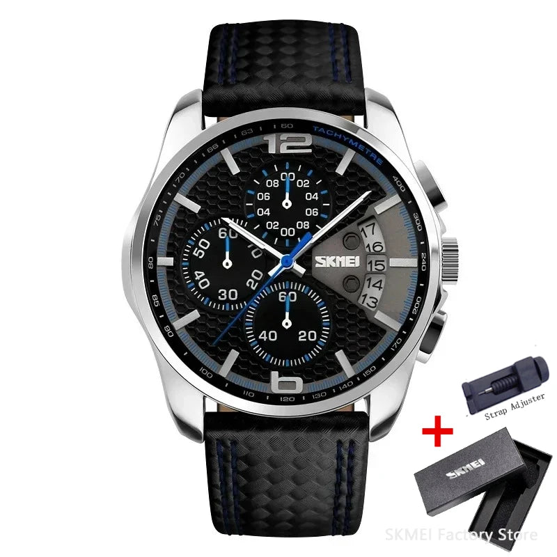 SKMEI 9106 Waterproof Quartz Sport Watch for Men Luxury Leather Date Calendar Stopwatch Wristwatches Mens Shockproof Clock