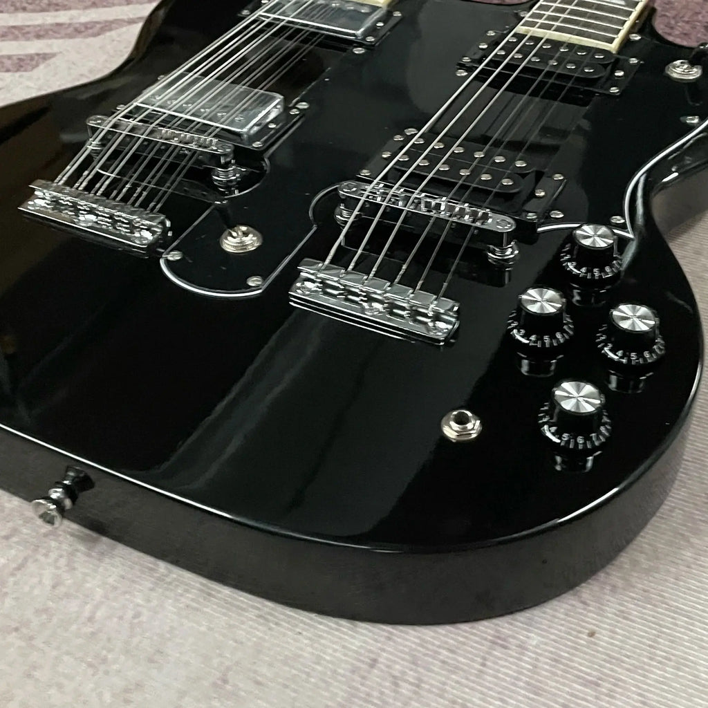 Guitarra Eléctrica SG Negra de Doble Mástil, 20 Trastes, Personalizada, 12+6 Cuerdas, Acabado Brillante, Envío Rápido