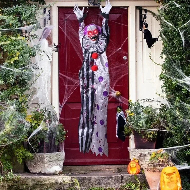 Payaso Colgante de Halloween con Sonido, Activación Táctil y Ojos Rojos Iluminados para Decoración de Fiestas de Casas Encantadas