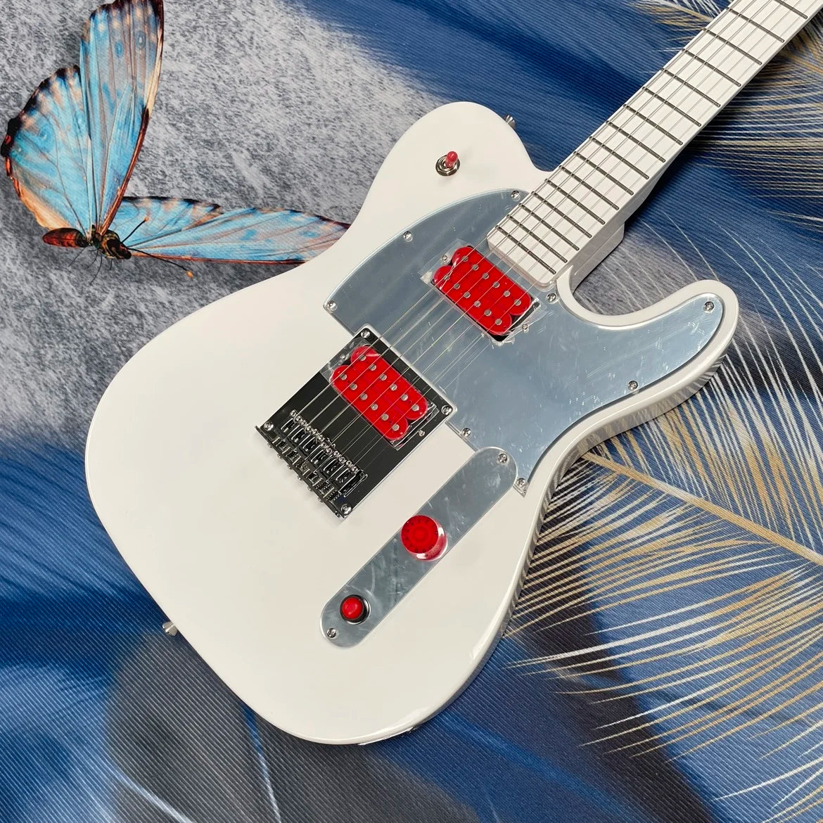 Guitarra eléctrica blanca de 6 cuerdas, guitarra con pastillas de doble bobina y interruptor rojo, guitarra para presentaciones en escenarios de rock
