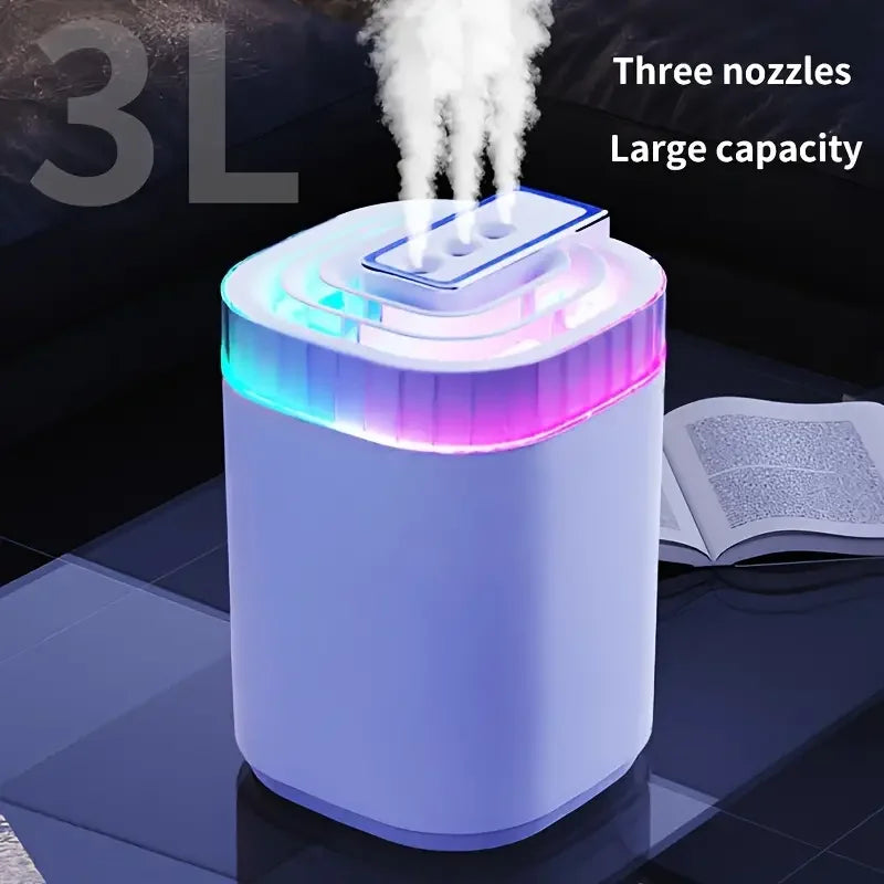 Humidificador de aire ultrasónico de 3L, humidificador de niebla fría con luz nocturna y tres boquillas, humidificador aromático USB silencioso para el hogar
