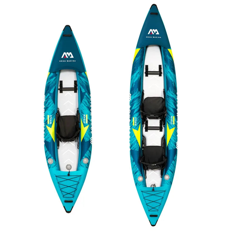 Kayak Inflable AQUA STEAM 312 para 1 Persona, con Piso de Tecnología Drop Stitch, PVC Reforzado 840D, Diseño Aerodinámico, Asiento con Respaldo Alto, Tecnología Deck Shield, para Deportes Acuáticos, Ríos, Lagos, Agua Du