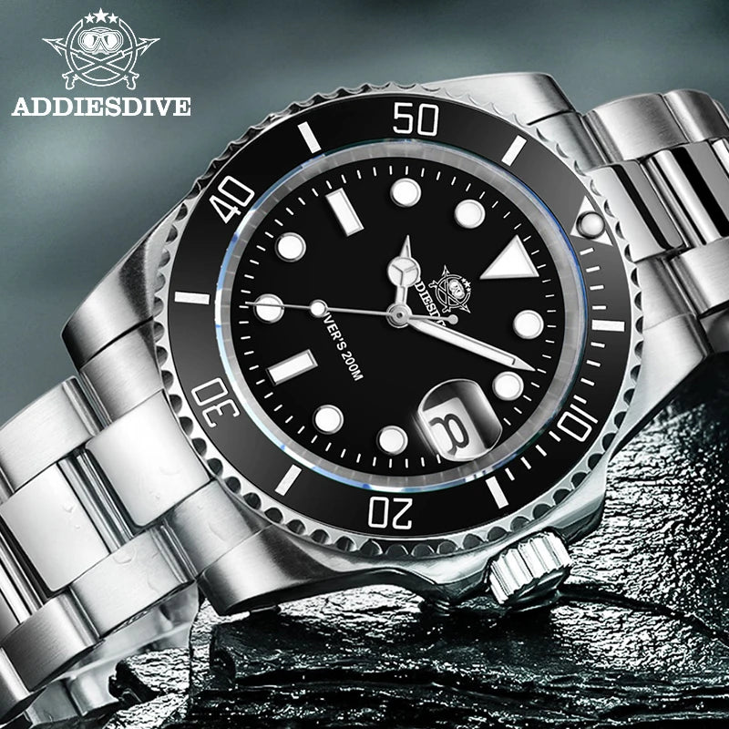 Reloj clásico para hombre ADDIESDIVE con bisel de cerámica, resistente al agua 200 m, reloj de cuarzo casual con luminiscencia azul BGW9, regalo MY-H3-2